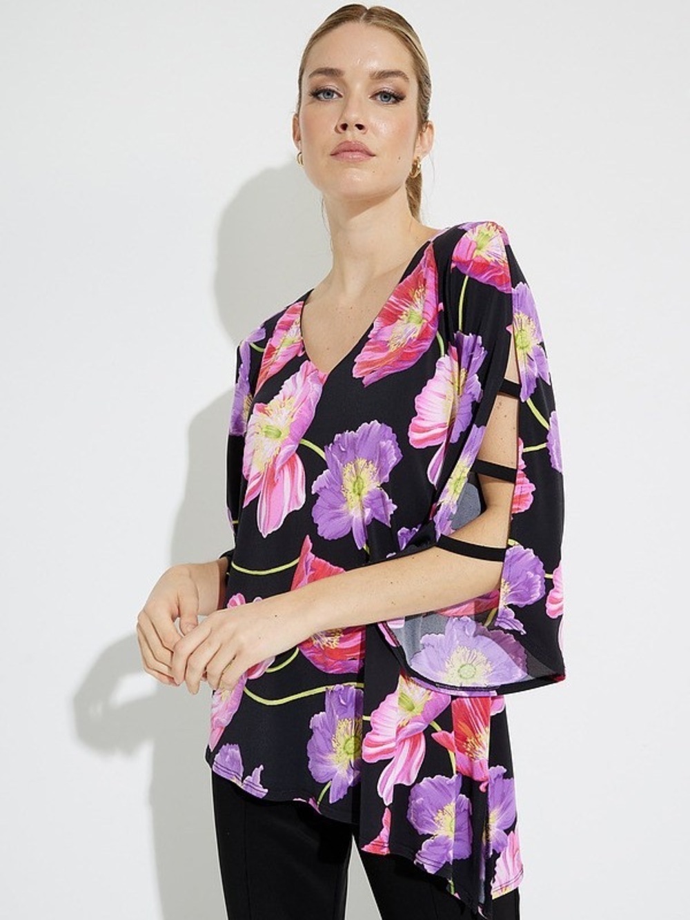 Joseph Ribkoff Top Blouse Floral Black 8 Medium Long Open Sleeve asymmetrical - Picture 5 of 8